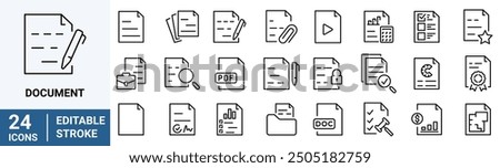 Document web line icons. Containing contract papers, folder, certificate, accept, approved, clipboard, invoice, archive. Editable stroke