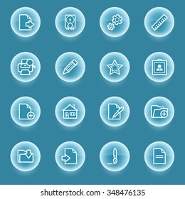 Document white icons with luminous buttons on blue background.
