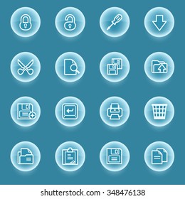 Document white icons with luminous buttons on blue background.