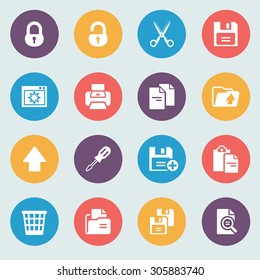 Document white icons on color buttons. Flat design.