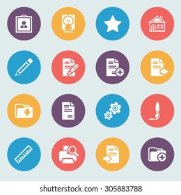 Document white icons on color buttons. Flat design.