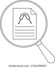 A document with wine glasses visible through a magnifying glass