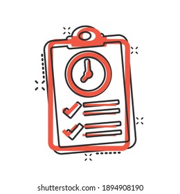 Document witch clock icon in comic style. Checklist survey cartoon vector illustration on white isolated background. Fast service splash effect business concept.