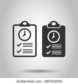 Document witch clock icon in flat style. Checklist survey vector illustration on white isolated background. Fast service business concept.