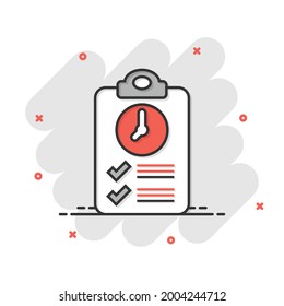 Document witch clock icon in flat style. Checklist survey vector illustration on white isolated background. Fast service business concept.