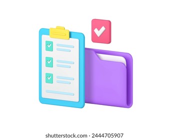 Document work business productivity efficiency planning checklist file folder 3d icon realistic vector illustration. Paperwork job efficient time management organization to do list checkmark control