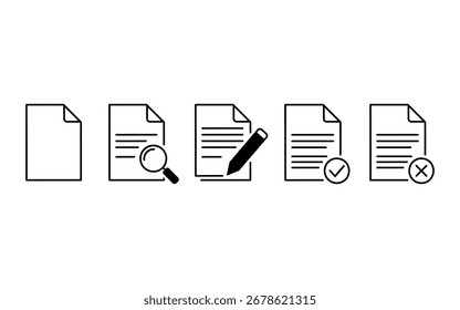 Os ícones do fluxo de trabalho de documentos ilustram a revisão da criação, a edição, a aprovação e a rejeição, simbolizando o gerenciamento do processo de negócios e a papelada de escritório em um estilo de arte de linha simples, representando um sy simplificado