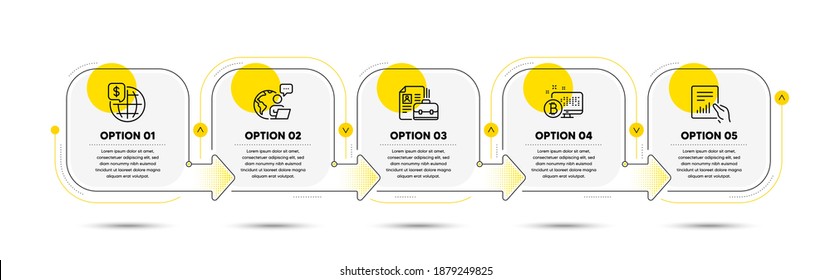 Document, World money and Vacancy line icons set. Timeline process flowchart. Bitcoin system sign. File with diagram, Global markets, Hiring job. Cryptocurrency monitor. Finance set. Vector