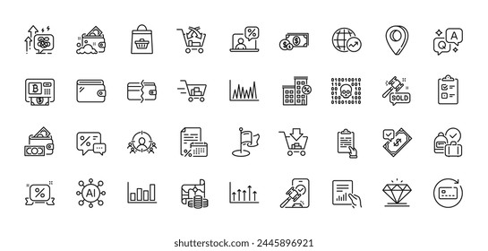 Document, World statistics and Cross sell line icons pack. AI, Question and Answer, Map pin icons. Milestone, Renew card, Loan house web icon. Accepted payment, Auction, Stress grows pictogram. Vector