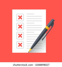 Document with x marks and pen. Checklist and red crosses icons. Modern flat design graphic elements. Vector icon