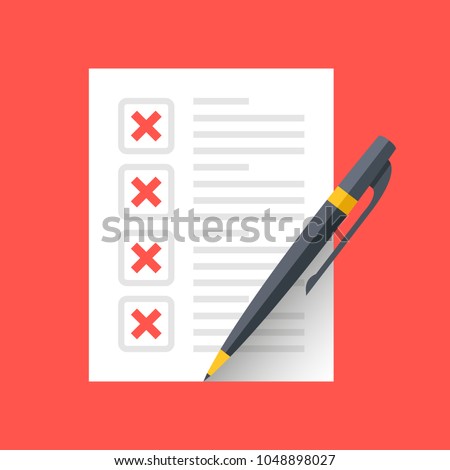 Document with x marks and pen. Checklist and red crosses icons. Modern flat design graphic elements. Vector icon