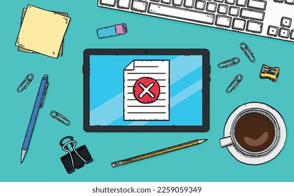 Documento con x sign en la pantalla del tablet. Documento de falla de la escuela, documento médico, trabajo, icono. Mala información. Dibujar gráfico. Vector de Doodle.