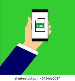 document xlsx file illustration with hand and phone vector. cartoon style flat illustration