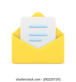 Document In Yellow 3d Envelope. White Volumetric Sheet Of Paper With Blue Text. Read Online Message. Realistic Symbol Communication. Business News And Invitations. Vector Icon Isolated Template