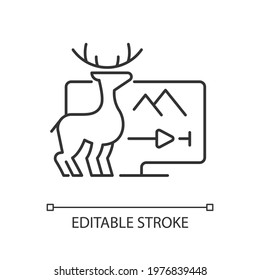 Documentaries streaming linear icon. Nonfiction filmmaking. True-crime series. Fact-checked shows. Thin line customizable illustration. Contour symbol. Vector isolated outline drawing. Editable stroke