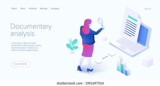 Documentary analysis in isometric vector illustration. Document qualitative research with woman looking through magnifier. Web banner layout.