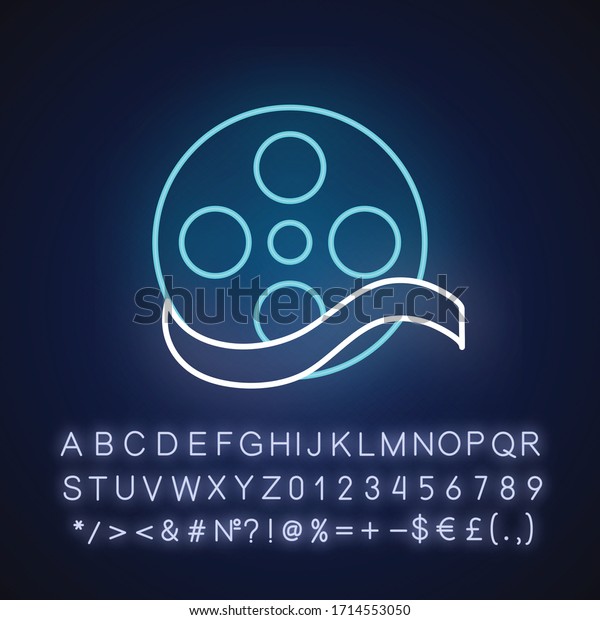 Documentary film neon light icon. Outer\
glowing effect. Sign with alphabet, numbers and symbols. Movie\
genre, film category. historical biopic. Camera reel vector\
isolated RGB color\
illustration