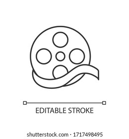 Documentary film pixel perfect linear icon. Thin line customizable illustration. Movie genre, film category. biopic contour symbol. Camera reel vector isolated outline drawing. Editable stroke
