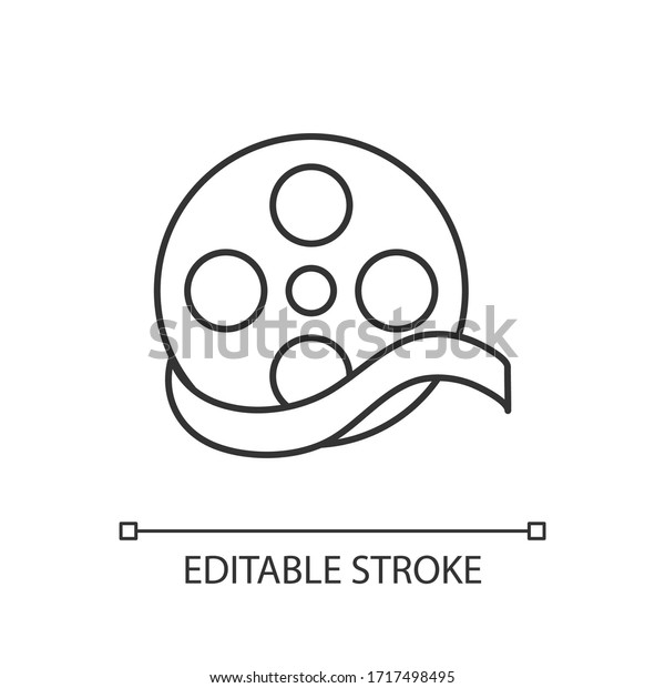 Documentary film pixel perfect linear icon. Thin\
line customizable illustration. Movie genre, film category. biopic\
contour symbol. Camera reel vector isolated outline drawing.\
Editable stroke