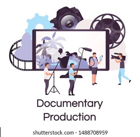 Documentary Production Flat Concept Icon. Filmmaking, Broadcasting And Cinematography Sticker, Clipart. Director, Actor And Cameraman Crew. Isolated Cartoon Illustration On White Background