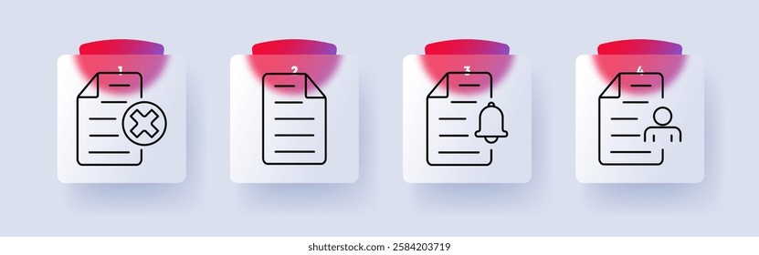 Documentation and alerts set icon. File rejection, document approval, notification, user profile, administration, paperwork, organization, official record