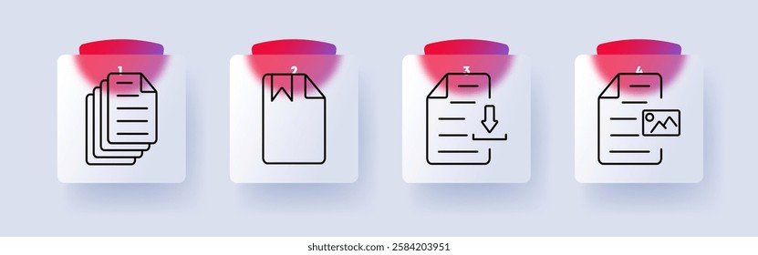 Documentation and archive set icon. File stack, bookmark document, download file, image report