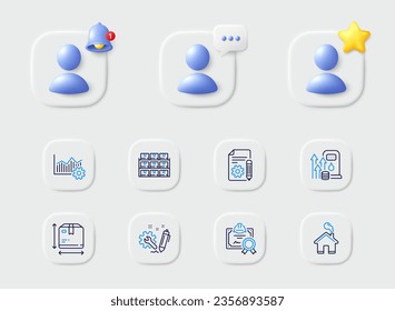 Documentation, Boxes shelf and Box size line icons. Placeholder with 3d star, reminder bell, chat. Pack of Operational excellence, Engineering, Home icon. Fuel price, Certificate pictogram. Vector