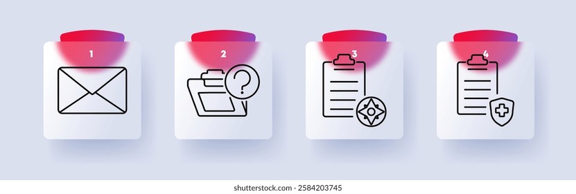 Documentation and communication set icon. Email, file folder with question mark, clipboard with compass, medical report, documents, organization, messaging