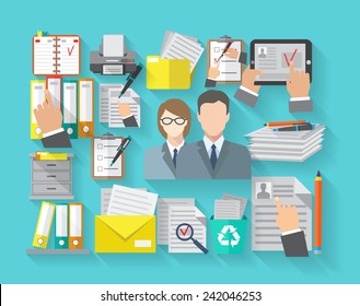 Documentation concept with office workers and archive organizing flat icons set vector illustration