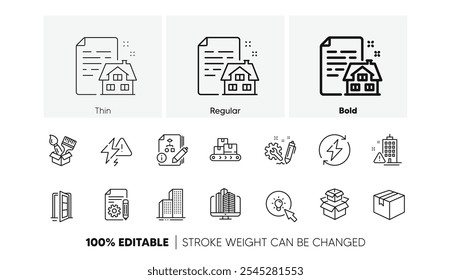 Documentation, Engineering and Wholesale goods line icons. Pack of Renewable power, Algorithm, Packing boxes icon. Brush, Energy, Parcel pictogram. Skyscraper buildings, Building warning. Vector