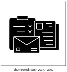 Documentation glyph icon. Checklists and letters for work questions. Task and other documents.Office concept. Filled flat sign. Isolated silhouette vector illustration