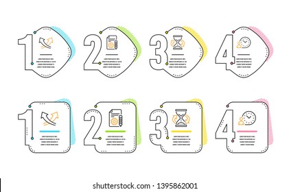 Documentation, Hourglass and Intersection arrows icons simple set. Time management sign. Project, Sand watch, Exchange. Work time. Infographic timeline. Line documentation icon. 4 options or steps