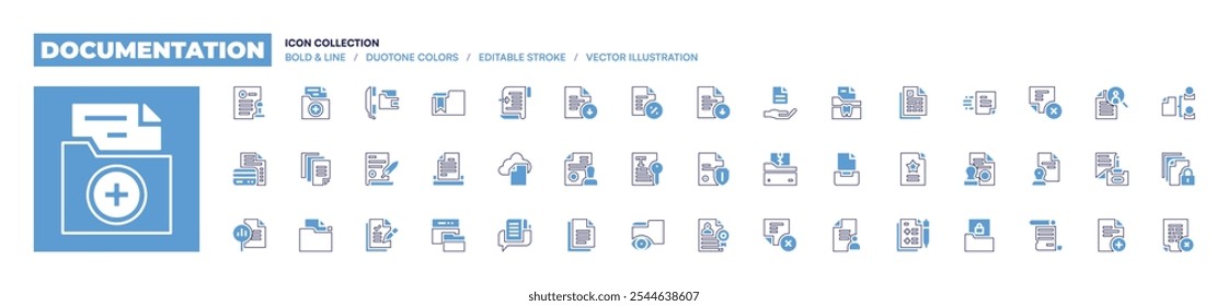 Coleção de ícones da documentação. Estilo de linha em negrito. Cores duotônicas. Traçado editável. arquivo, documento, pasta, documentos, certificados, informações, formulário, arquivo zip, cancelar.