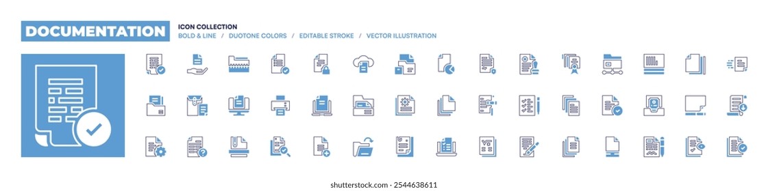 Documentation icon collection. Bold line style. Duotone colors. Editable stroke. document, laptop, add file, cloud, open, papers, legal document, online learning, documents.