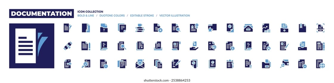 Icono de colección de documentación. Estilo audaz. Duotone colores. documento, documentos, pregunta, notas, información, archivo, archivos, control de calidad.