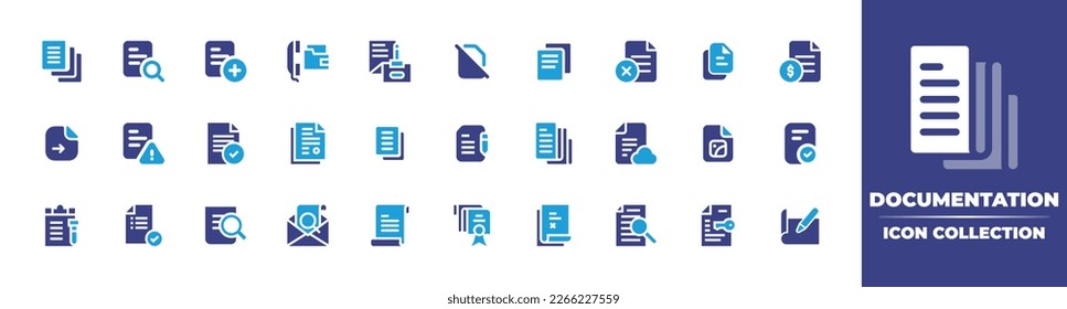 Documentation icon collection. Duotone color. Vector illustration. Containing document, paper, add, file, files, picture, approved, checklist, information, documents, blueprint.