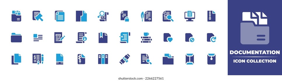 Documentation icon collection. Duotone color. Vector illustration. Containing documents, regulation, file, document, criminal record, monitor, file, agreement, papers, folder, envelope, dossier.