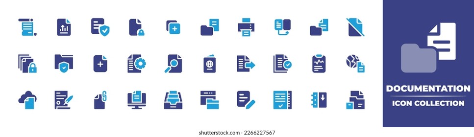 Documentation icon collection. Duotone color. Vector illustration. Containing document, insurance, locked, copy, printing machine, exchange, new document, file, documents, computer, folder.