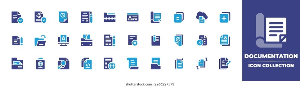 Documentation icon collection. Duotone color. Vector illustration. Containing contract, health insurance, documents, document, file, driving license, documentation, new page, open, id card.