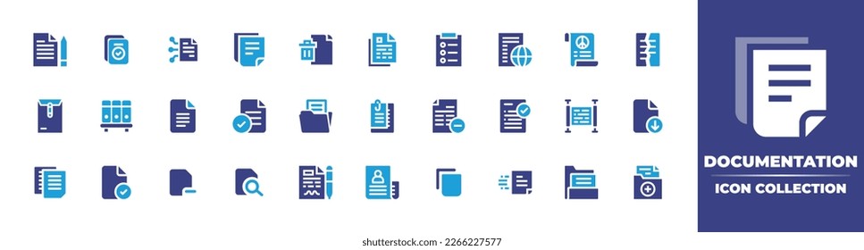 Documentation icon collection. Duotone color. Vector illustration. Containing document, smart contracts, file, delete file, task, google docs, documents folder, delete document, exam, agreement.