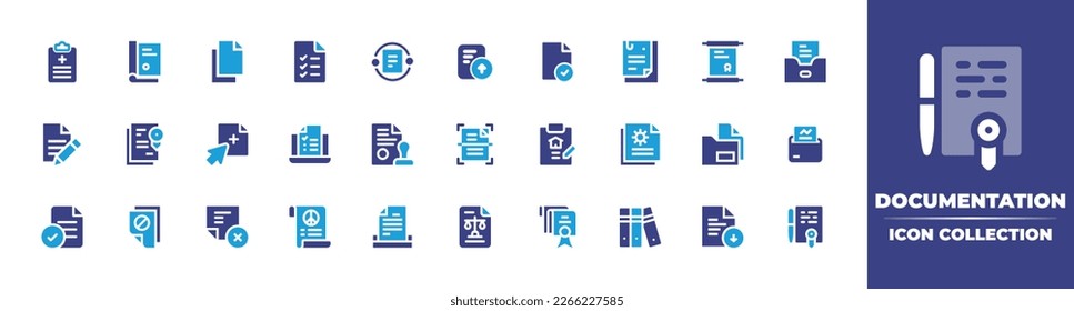 Colección de iconos de documentación. Color de duotona. Ilustración vectorial. Contiene prescripción, documento legal, documentos, lista, archivo, carga de archivos, cheque, documento, nuevo documento, aprendizaje en línea.