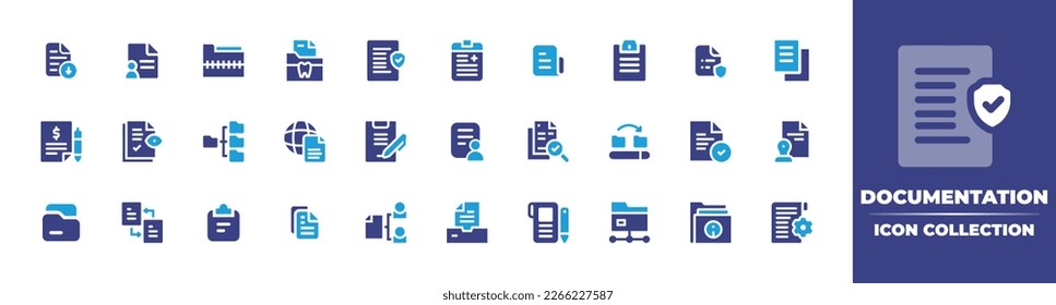 Documentation icon collection. Duotone color. Vector illustration. Containing download file, report, zip file, documents, legal document, patient, document, file, quote request, audit, form, folder.