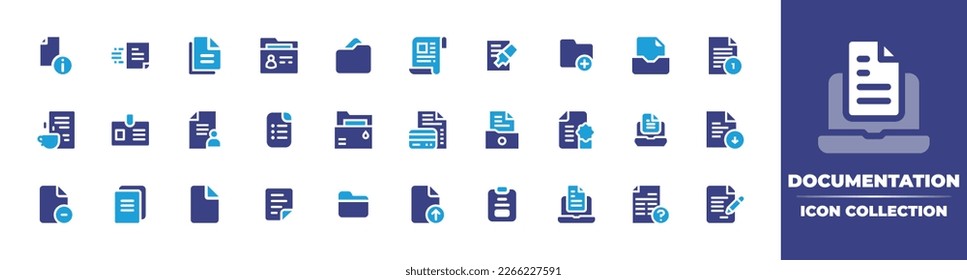 Documentation icon collection. Duotone color. Vector illustration. Containing document, documents, add, inbox, files, id, form, file, laptop, copy, question, contract.