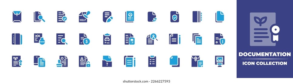 Documentation icon collection. Duotone color. Vector illustration. Containing document, stamp, writing, exchange, insurance, contract, electric car, job search, approve, personal information.