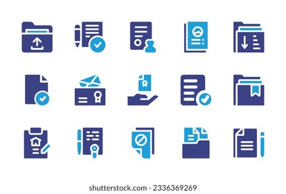 Sammlung von Dokumentationssymbolen. Duotonfarbe. Vektorgrafik. Enthält Ordner, Genehmigung, Stempel, Dokument, Scheck, amtliche Dokumente, Rechtsdokument, eingetragenes Dokument, Vertrag, Plagiat.