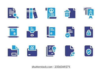 Sammlung von Dokumentationssymbolen. Duotonfarbe. Vektorgrafik. Enthält Dokument, Ordner, Löschdatei, Rechtsdokument, korrekt, Datei, Dokumente, Austausch, Versicherung.