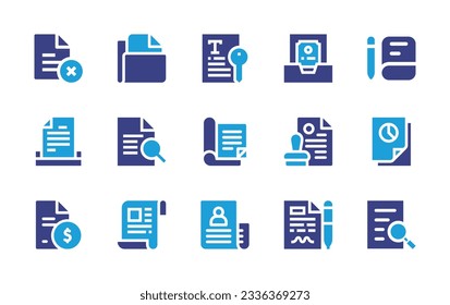 Sammlung von Dokumentationssymbolen. Duotonfarbe. Vektorgrafik. Enthält Löschung, Ordner, Dokument, Einreichung, Datei, Dokumentation, Genehmigung, Dokumente, Vertrag, Vereinbarung.