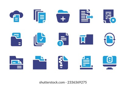 Documentation icon collection. Duotone color. Vector illustration. Containing cloud, data, add, send, file, document, version, alert, folder, recycling paper, zip file, submit.