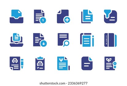 Sammlung von Dokumentationssymbolen. Duotonfarbe. Vektorgrafik. Enthält Inbox, Dateien, Hinzufügen, Dokumente, Dokument, Laptop, Datei, Suchdatei, Autoversicherung, Elektroauto.