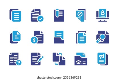 Sammlung von Dokumentationssymbolen. Duotonfarbe. Vektorgrafik. Mit Text, Datei, Dokument bearbeiten, Plagiat, ID-Karte, Dateien, Dokument, Papiergröße, Suche, Frage, Vertrag, Austausch, Dokument